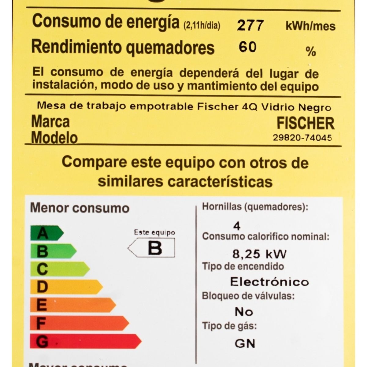 FISCHER - Estufa Empotrar 4Q gas Vidrio Negro Marca Fischer