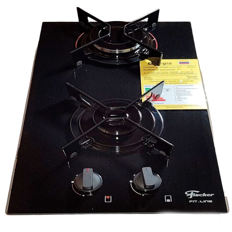 FISCHER - Estufa Empotrar 2Q gas Fit Line Vidrio Negro Marca Fischer