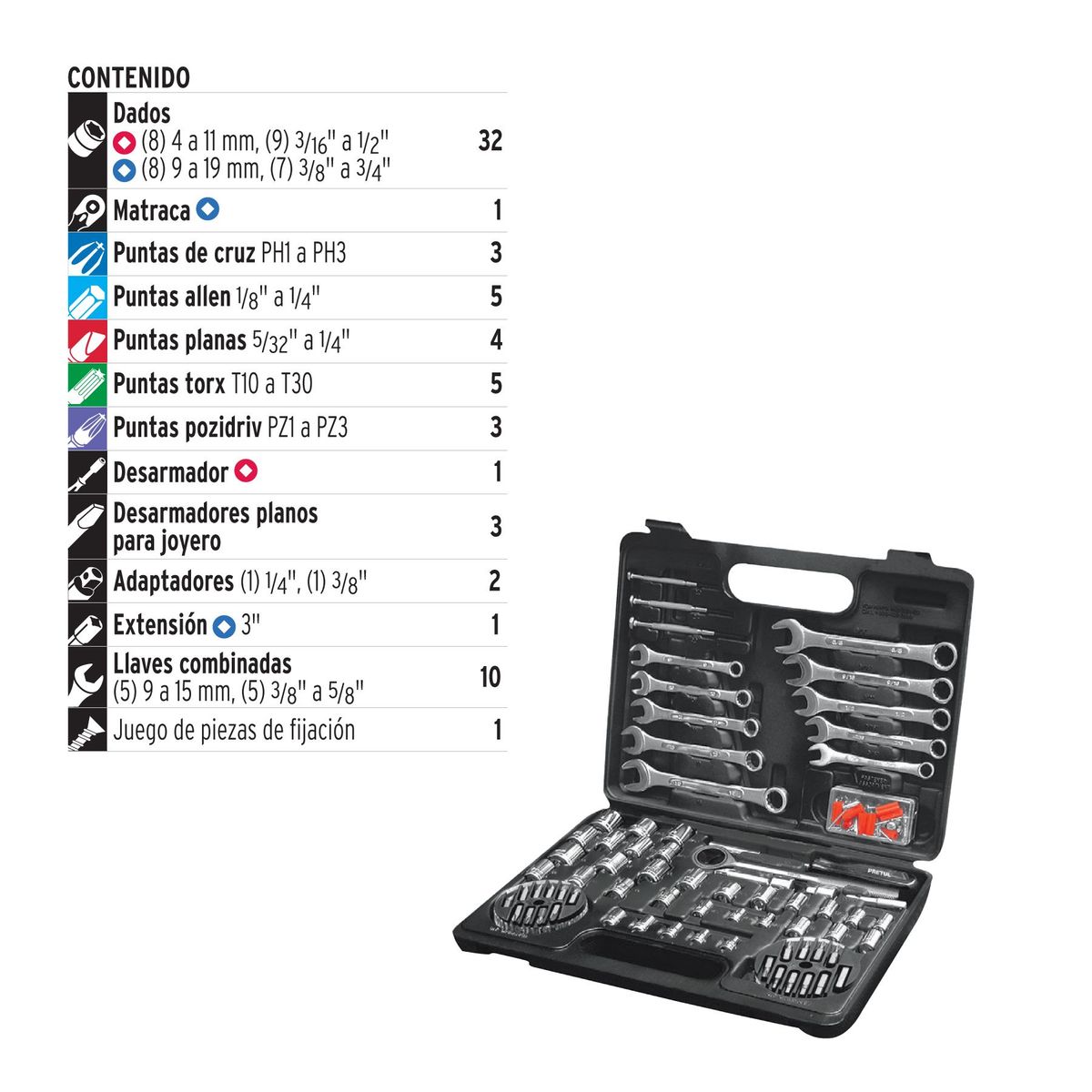 PRETUL - Juego de 71 herramientas 1/4" y 3/8" para mecánico, Pretul