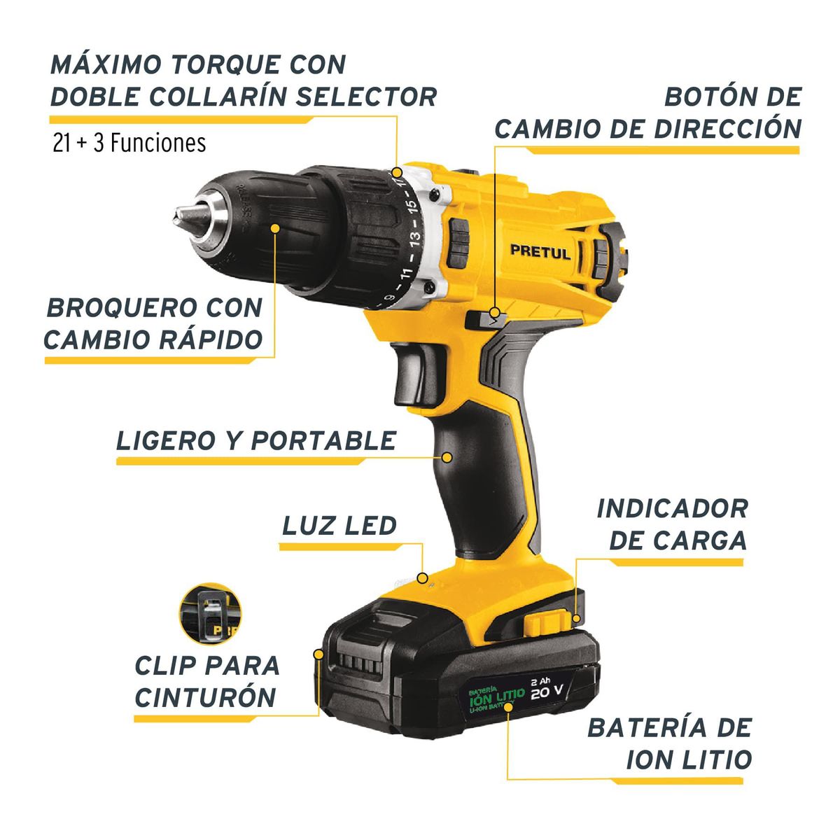 PRETUL - Taladro percutor inalámbrico 1/2" 20 V, Pretul