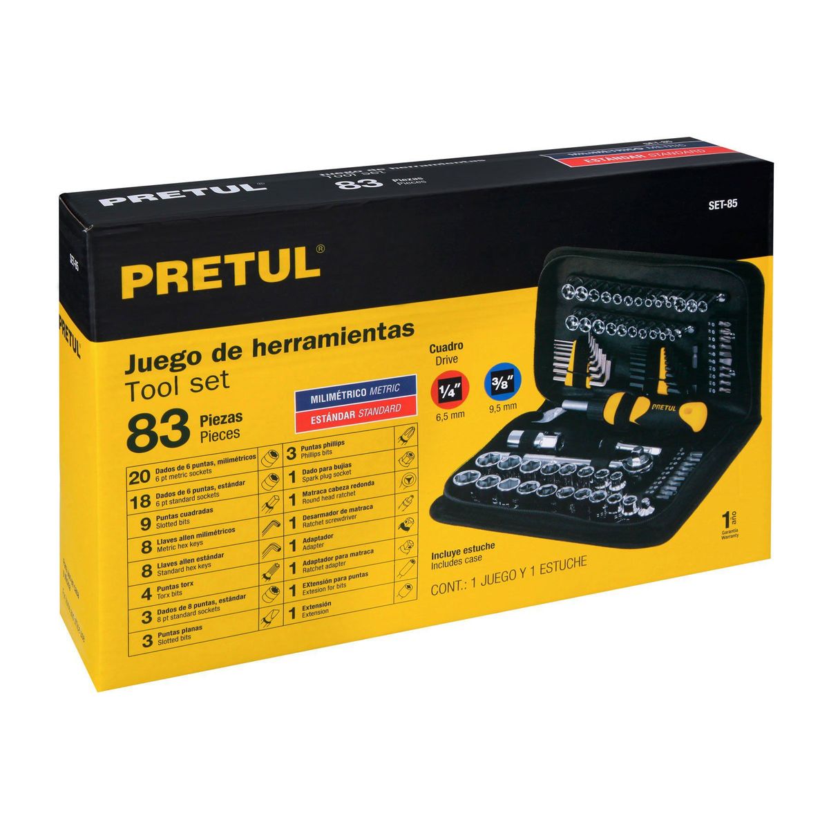 PRETUL - Juego de 83 herramientas 1/4" y 3/8" para mecánico, Pretul