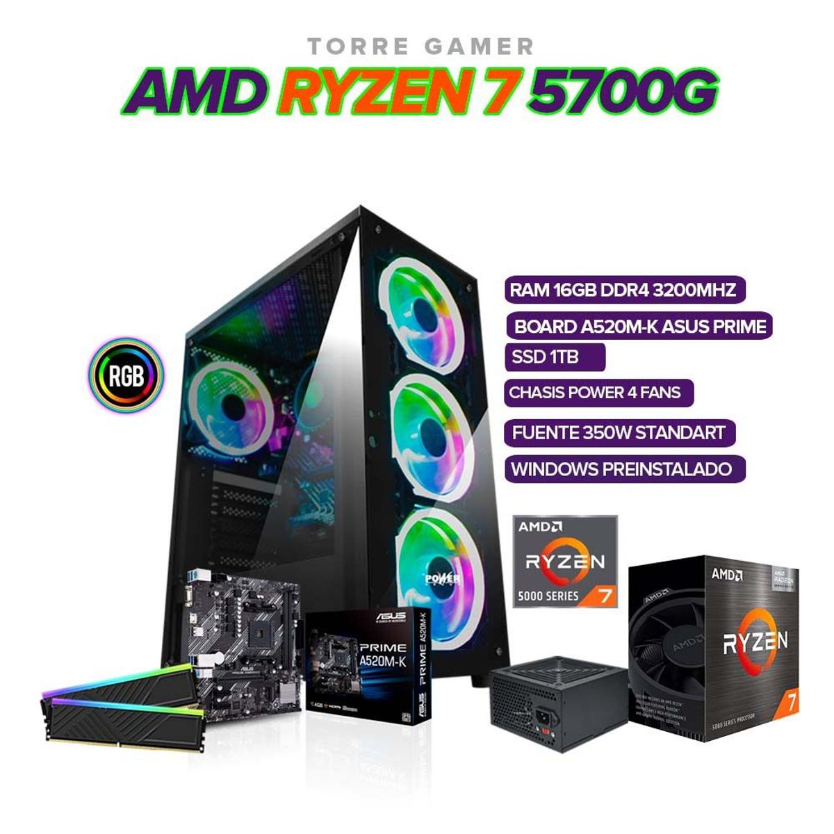 AMD - PC GAMER RYZEN 7 5700G/ SSD 1TB M.2/ 16GB RAM 3200MHZ/ BOARD A520/ CHASIS RGB