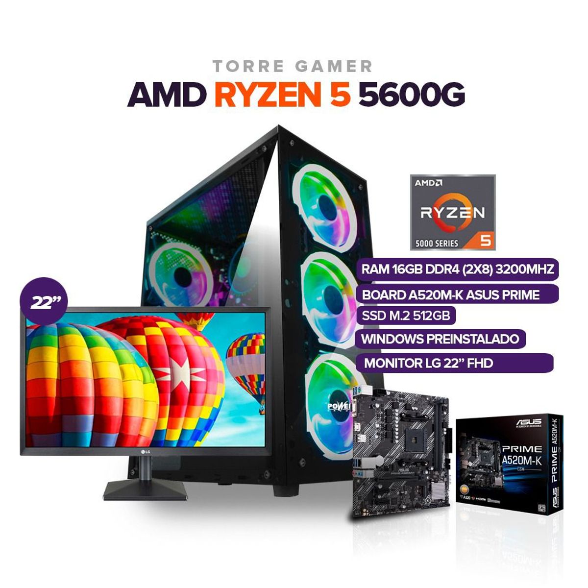 POWER GROUP - Pc Gamer Ryzen 5 5600G /16GB Ram/ SSD 512GB /Board A-520/ MONITOR 22"