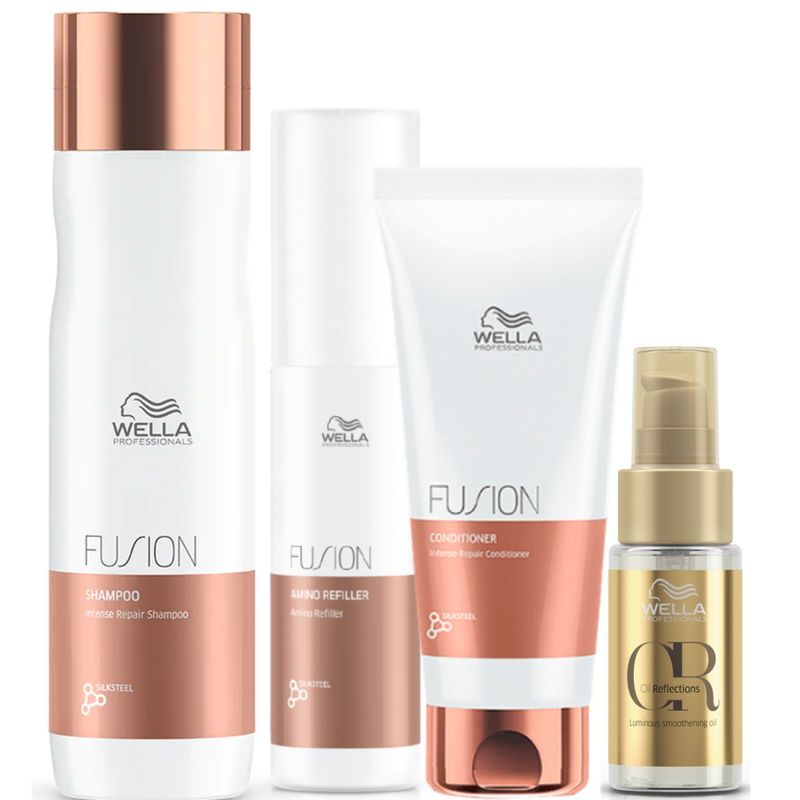 WELLA - Kit Wella Fusion Shampoo + Acondicionador + Amino Refiller + Oleo