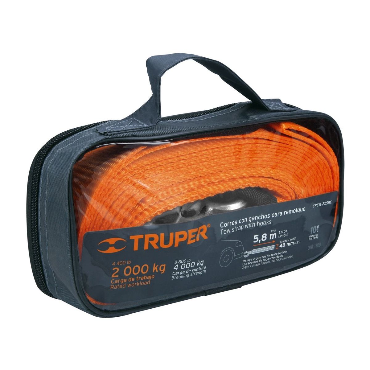TRUPER - Correa eslinga para remolque con ganchos 2"x5.8m truper 4 toneladas