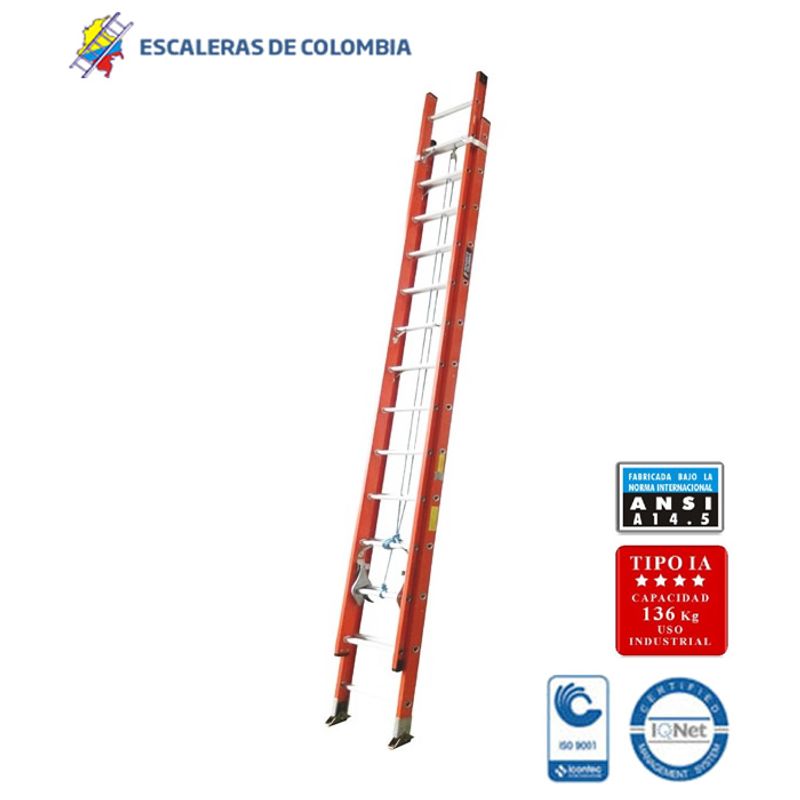 ESCALERAS DE COLOMBIA - Escalera Certificada Tipo Extensión En Fibra De Vidrio De 28 Pasos / 8.60 Mts 136kg