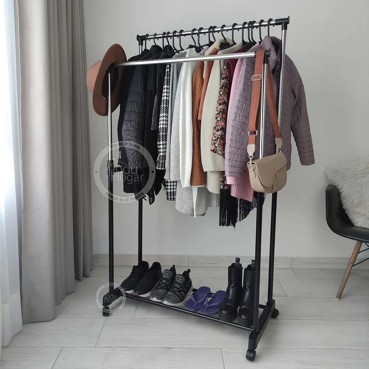 INDUHOGAR - Perchero exhibidor doble con altura graduable y zapatera