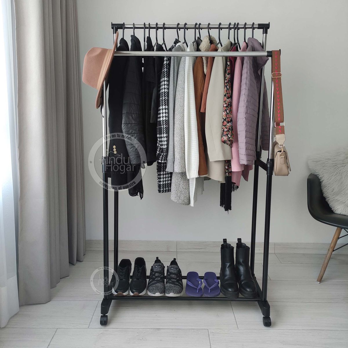 INDUHOGAR - Perchero exhibidor doble con altura graduable y zapatera