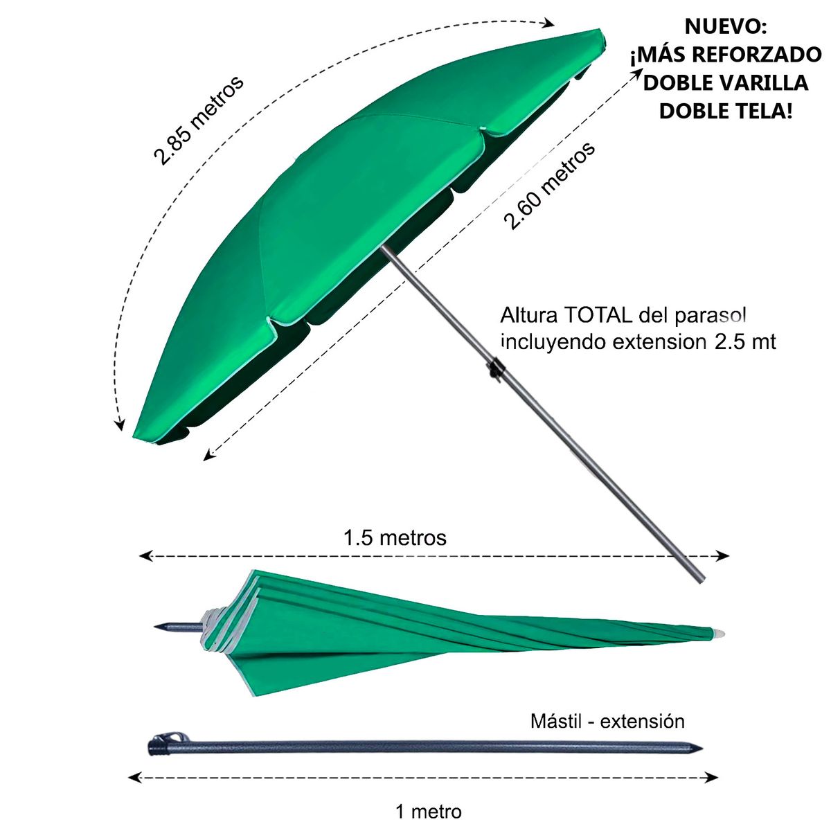 GENERICO - Parasol Gigante Sombrilla 3mts Poste Galvanizado Playa VERDE