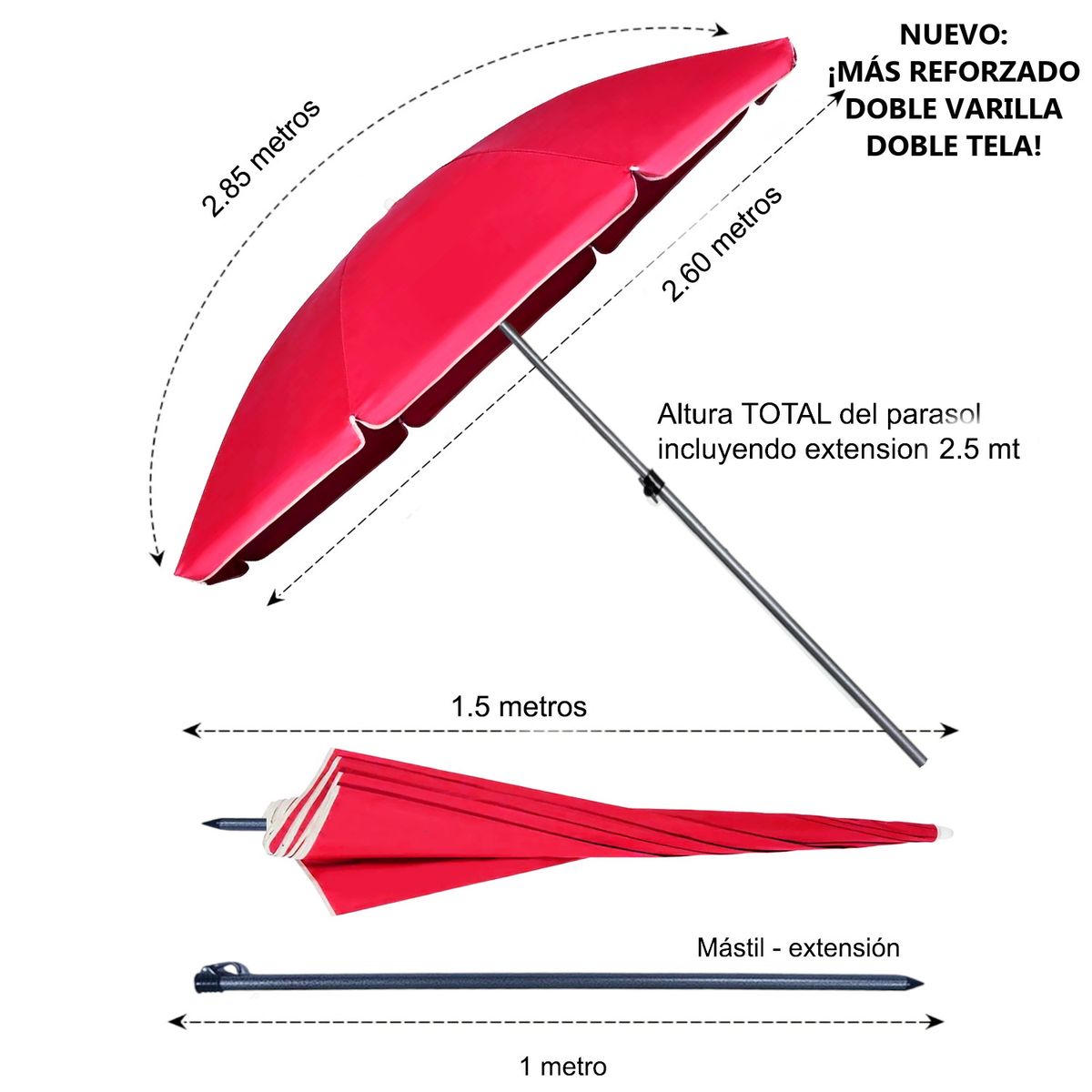 GENERICO - Parasol Gigante Sombrilla 3mts Poste Galvanizado Playa ROJO