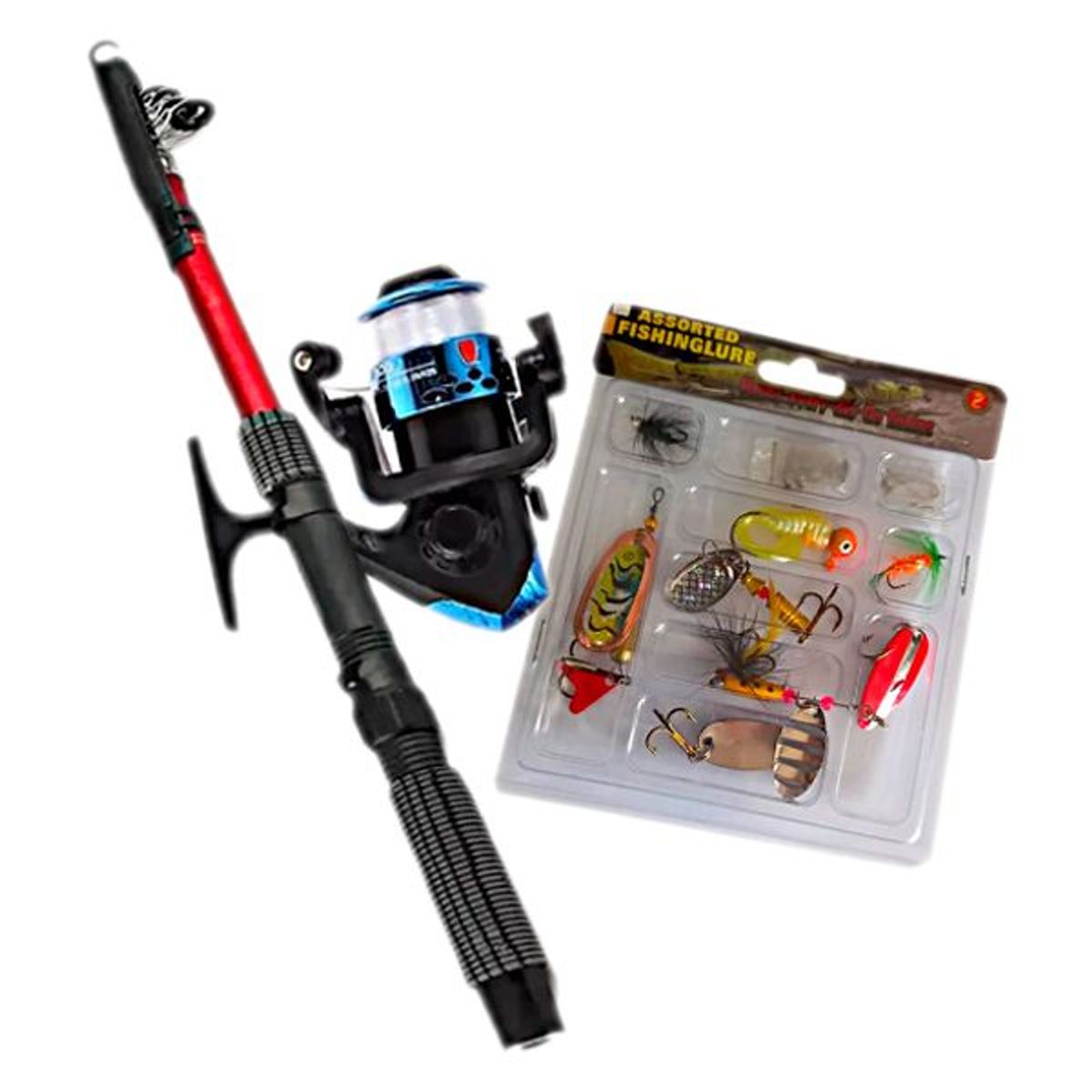 GENERICO - Kit X2 Caña Pescar Bara Carrete Nylon  Anzuelos  Señuelos
