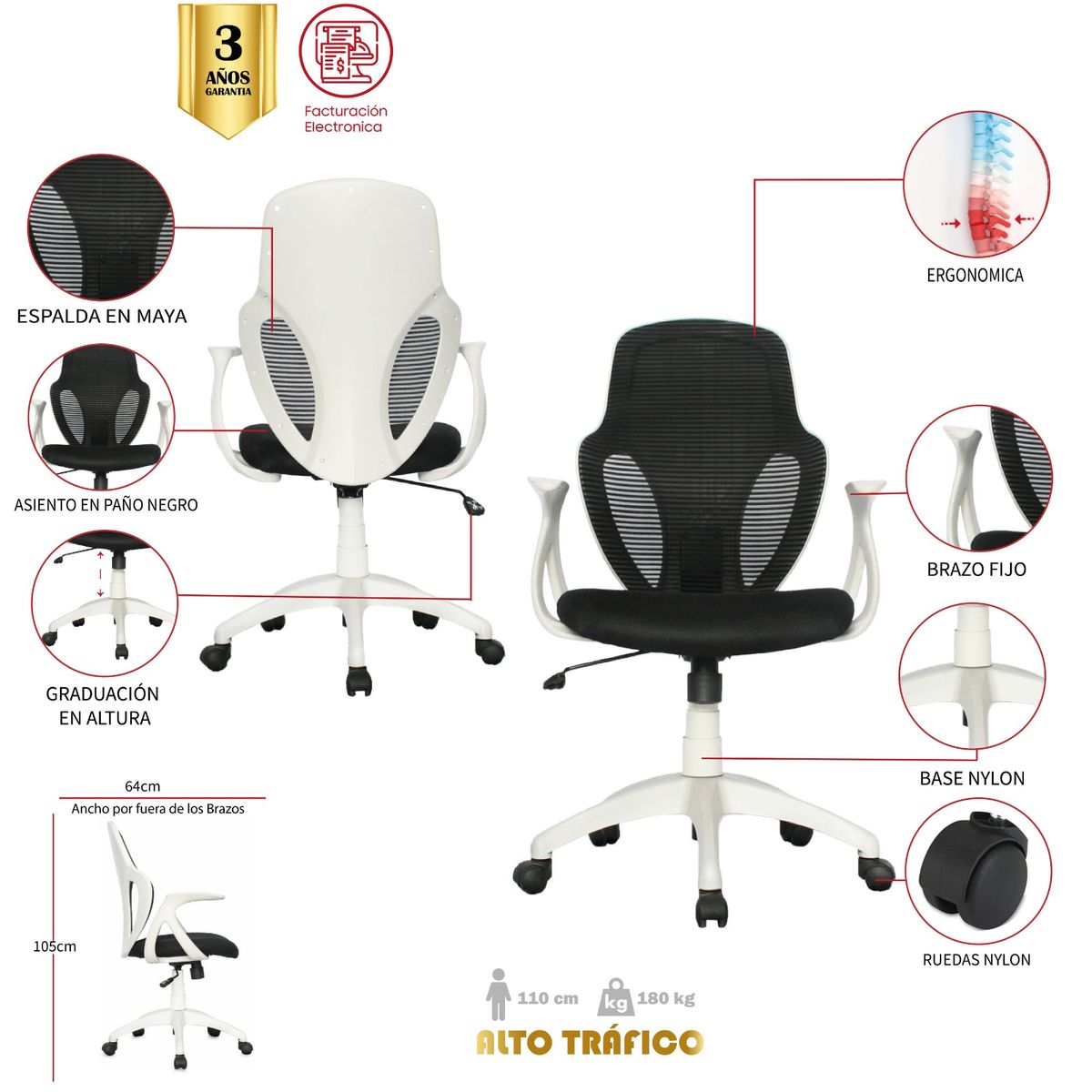 MUEBLESYA - Silla de Oficina Ergonomica SABANA GRANDE Marco Negro Base Nylon