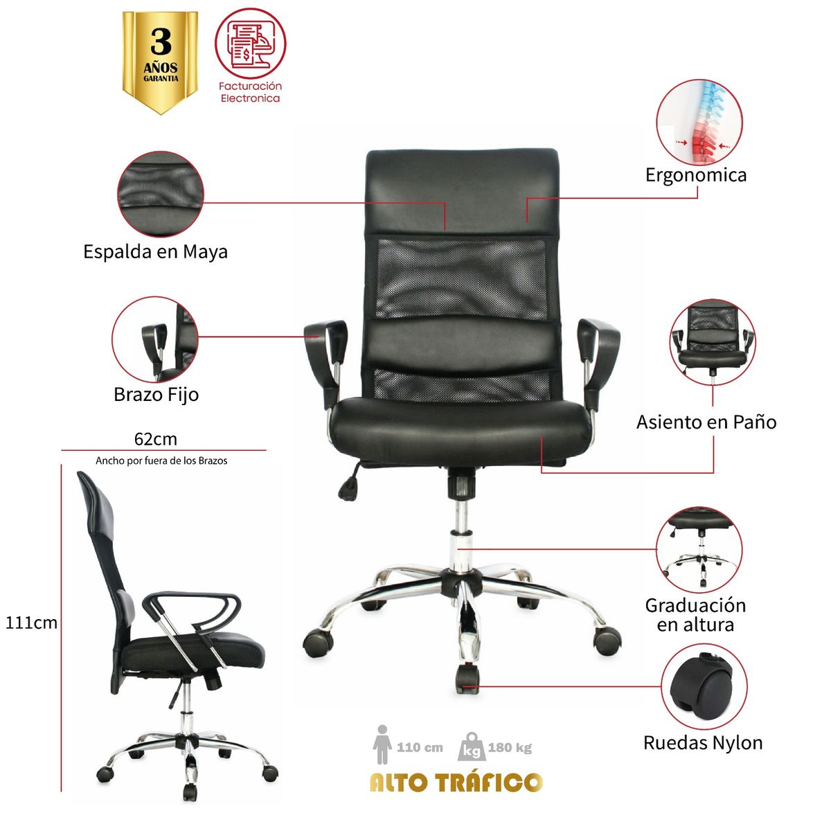 MUEBLESYA - Silla de Oficina Ergonomica SANTO TOMAS Marco Negro Base Cromo