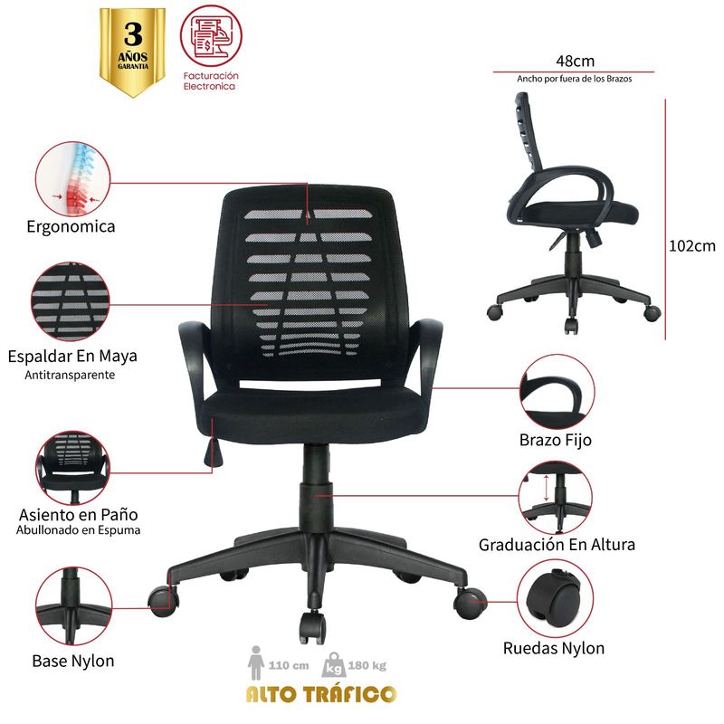 MUEBLESYA - Silla de Oficina Ergonomica Betulia Marco Negro Base Nylon