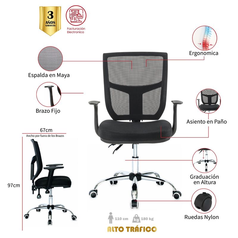 MUEBLESYA - Silla de Oficina Ergonomica CAJICA Marco Negro Base Cromo