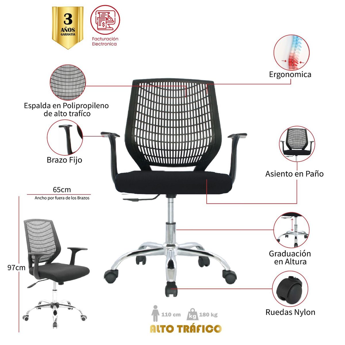 MUEBLESYA - Silla de Oficina Ergonomica LA DORADA Marco Negro Base Cromo