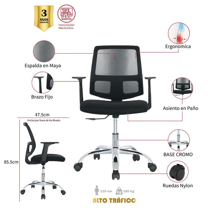 MUEBLESYA - Silla de Oficina Ergonomica GALAPA Marco Negro Base Cromo