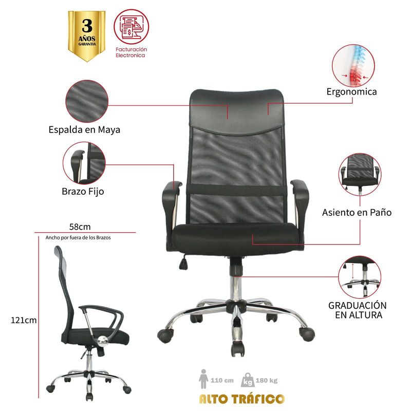 MUEBLESYA - Silla de Oficina Ergonomica BELLO Marco Negro Base Cromo