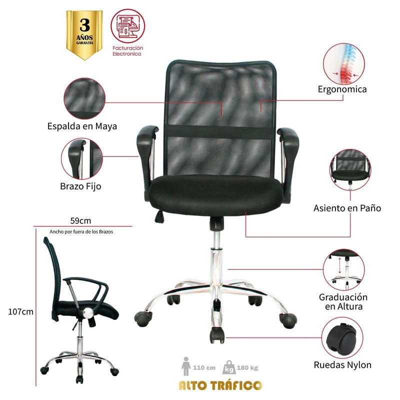 MUEBLESYA - Silla de Oficina Ergonomica BUENAVENTURA Marco Negro Base Cromo