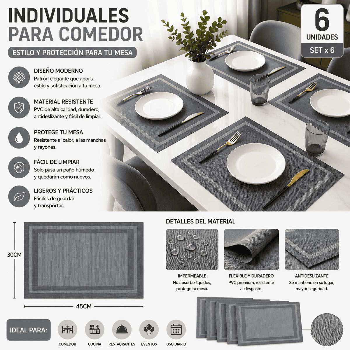 MULTIPLACE COLOMBIA - Individuales para comedor Importados alta calidad X 6 puestos.