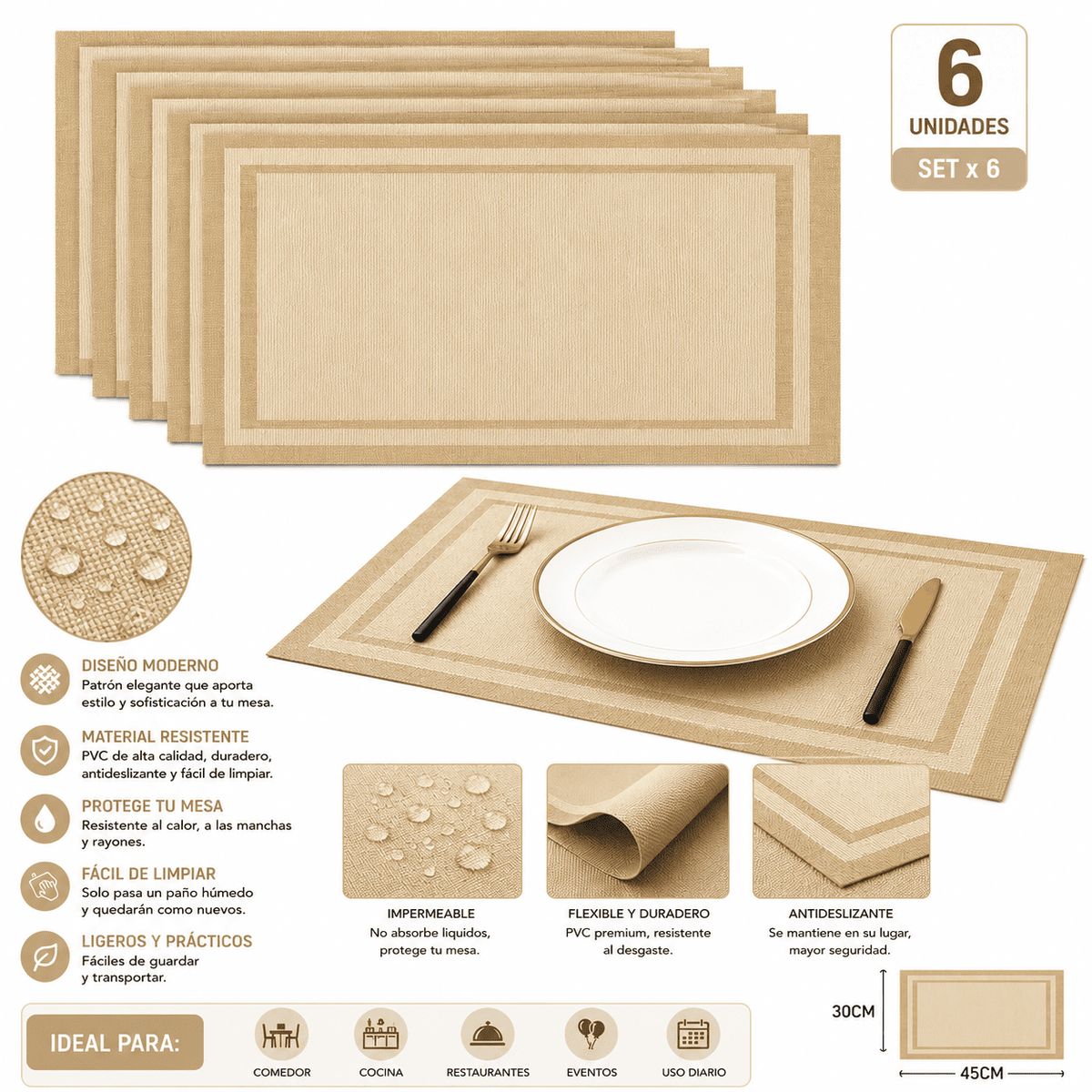 MULTIPLACE COLOMBIA - Individuales para comedor Importados alta calidad X 6 puestos-