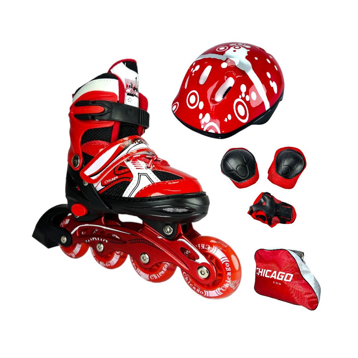 CHICAGO - Patines Semiprofesionales Kit Chicago Con Protecciones S 31 Ajustables a 34 Rojo