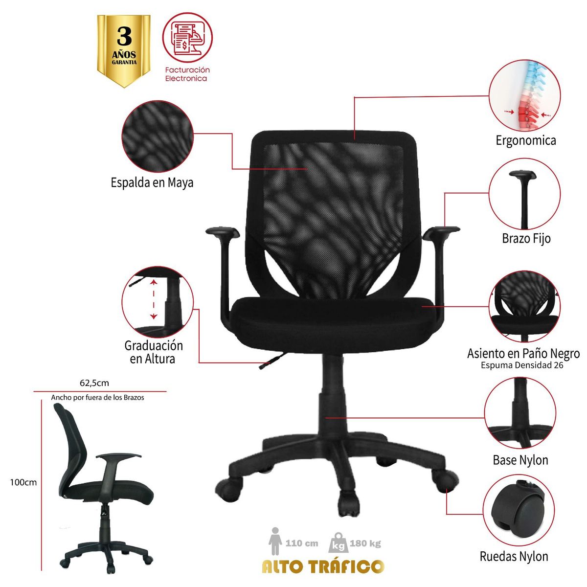 MUEBLESYA - Silla de Oficina Ergonomica PUTUMAYO Marco Negro Base Nylon