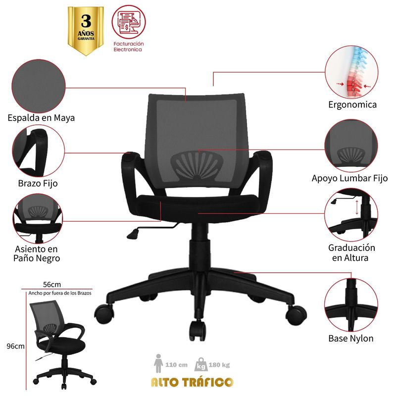 MUEBLESYA - Silla de Oficina Ergonomica AGUADAS Marco Negro Base Nylon