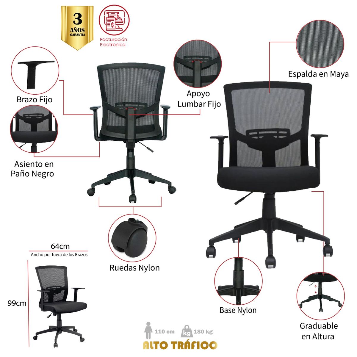 MUEBLESYA - Silla de Oficina Ergonomica BOGOTA Marco Negro Base Nylon Brazo Fijo