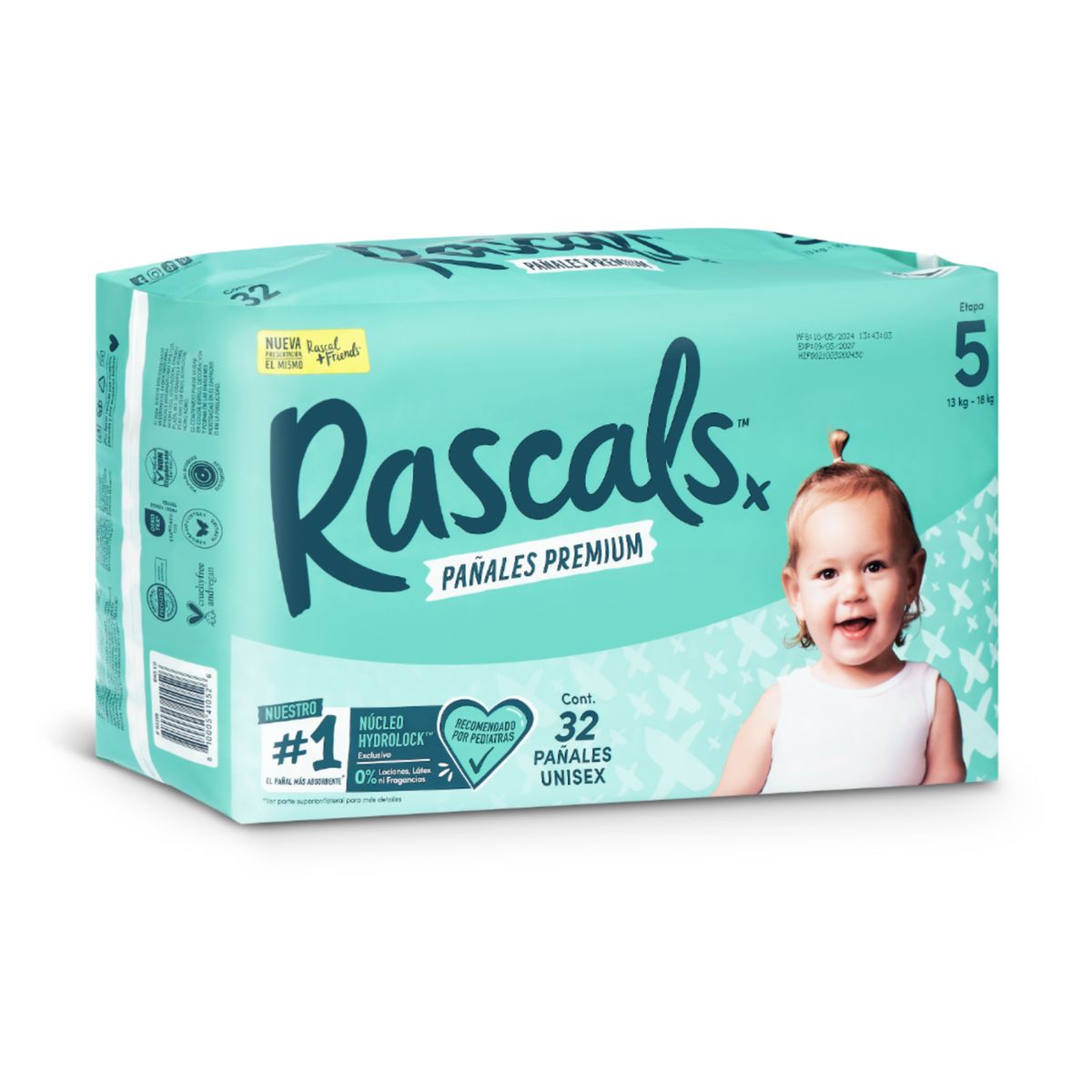 RASCALS - Pañales Rascals Talla 5 Bebé de 13 a 18 Kg x 32 Unds