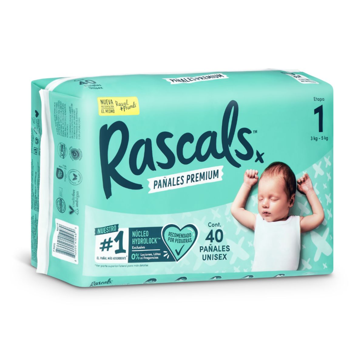 RASCALS - Pañales Rascals Talla-1 Bebé de 3 a 5 Kg por 40 Unds