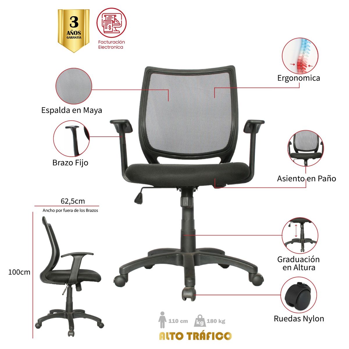 MUEBLESYA - Silla de Oficina Ergonomica ZIPAQUIRA Marco Negro Base Nylon