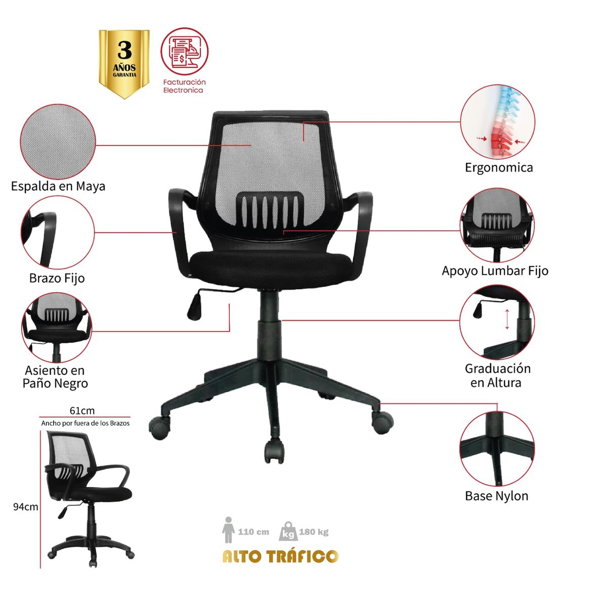 MUEBLESYA - Silla de Oficina Ergonomica IBARRANCA DE UPIA Marco Negro Base Nylon