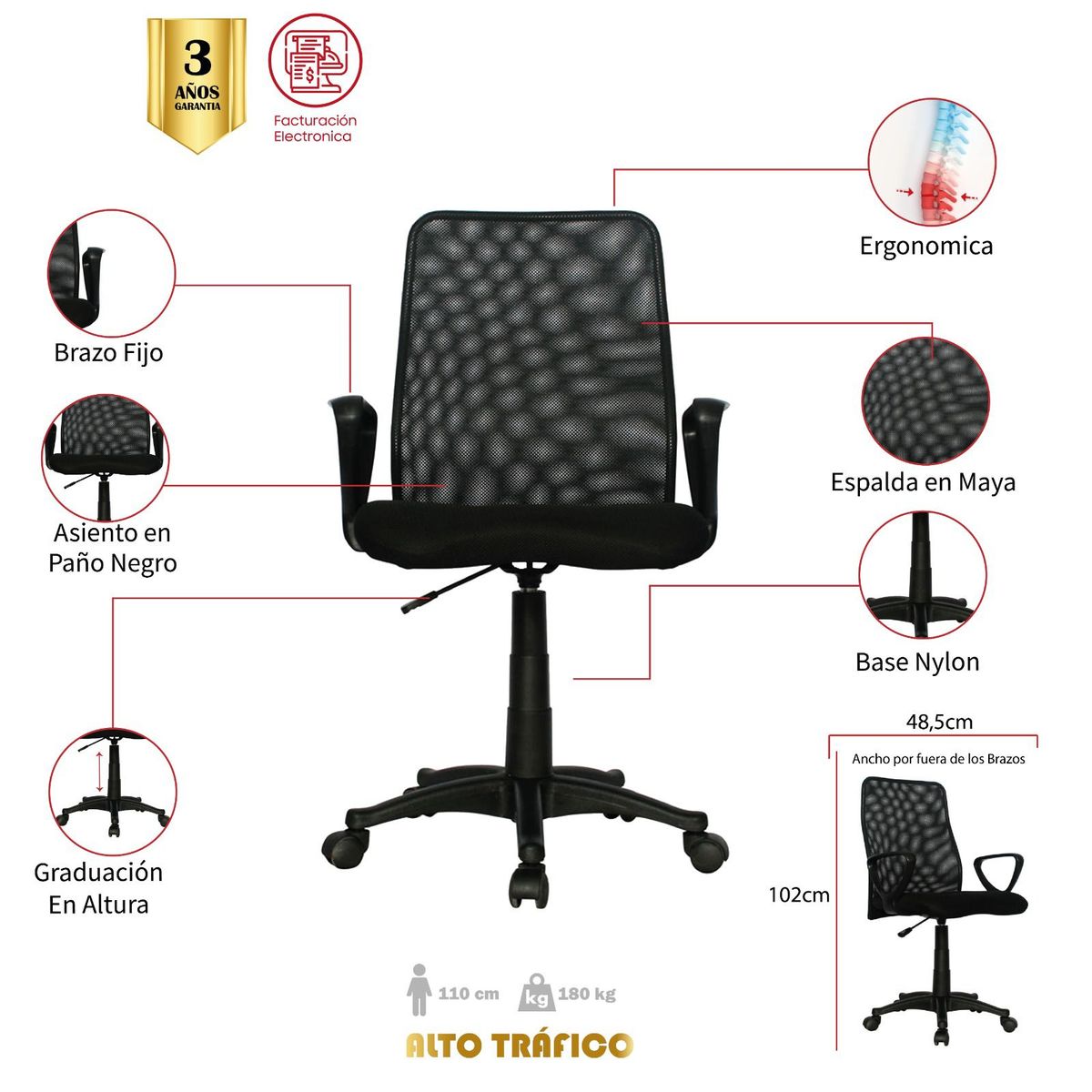 MUEBLESYA - Silla de Oficina Ergonomica IPIALES Marco Negro Base Nylon