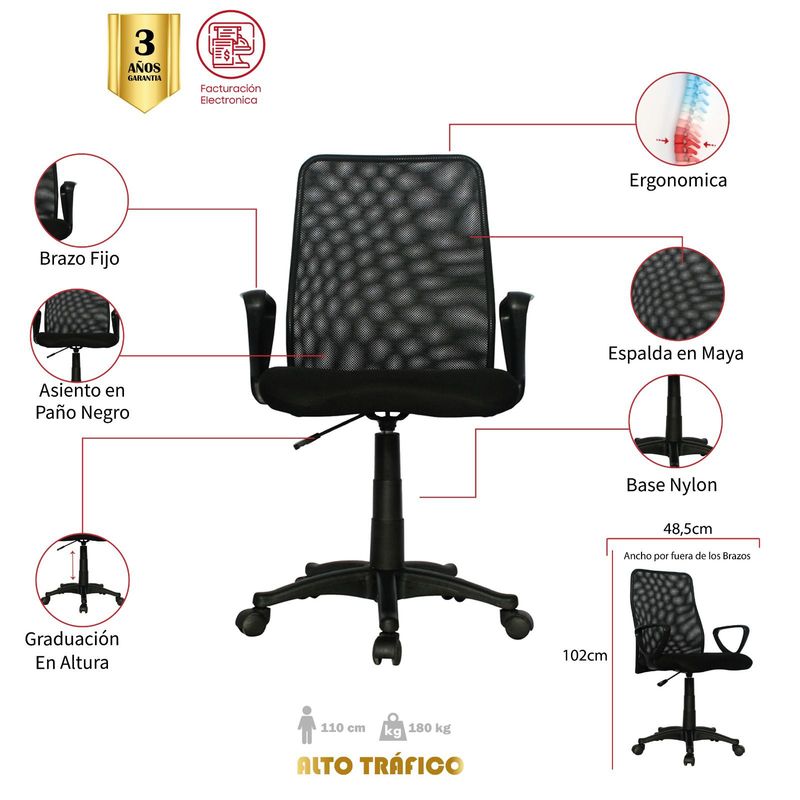 MUEBLESYA - Silla de Oficina Ergonomica IPIALES Marco Negro Base Nylon