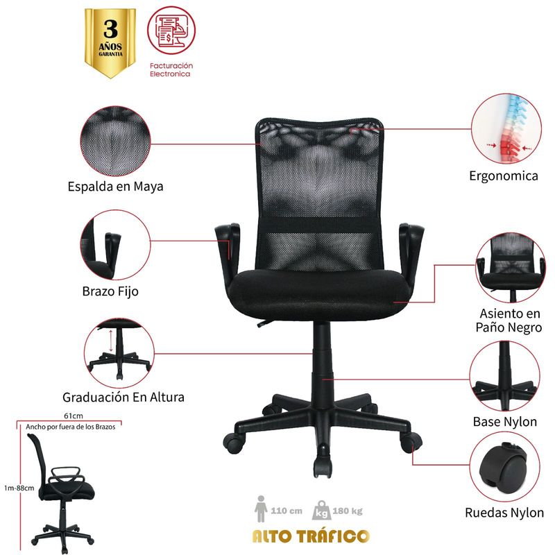 MUEBLESYA - Silla de Oficina Ergonomica BARAYA Marco Negro Base Nylon