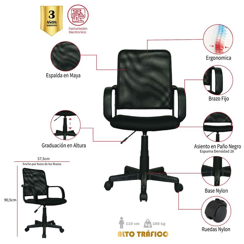 MUEBLESYA - Silla de Oficina Ergonomica CAMPOALEGRE Marco Negro Base Nylon