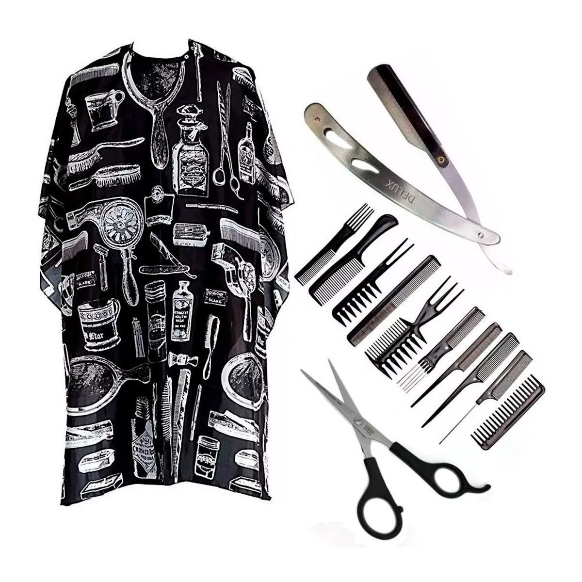 GENERICO - Kit Barbero Capa  Tijeras  Barbera Metalica  peinillas