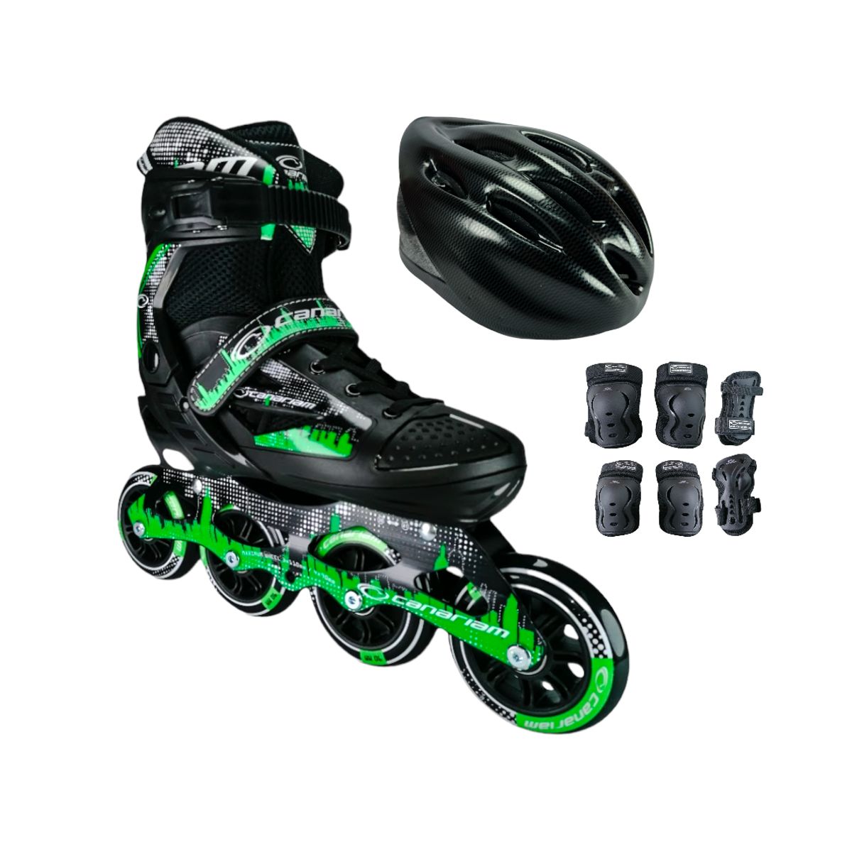 CANARIAM - Combo Patines Canariam Roller Team Con Protecciones S 30 Ajustables a 33 Verde