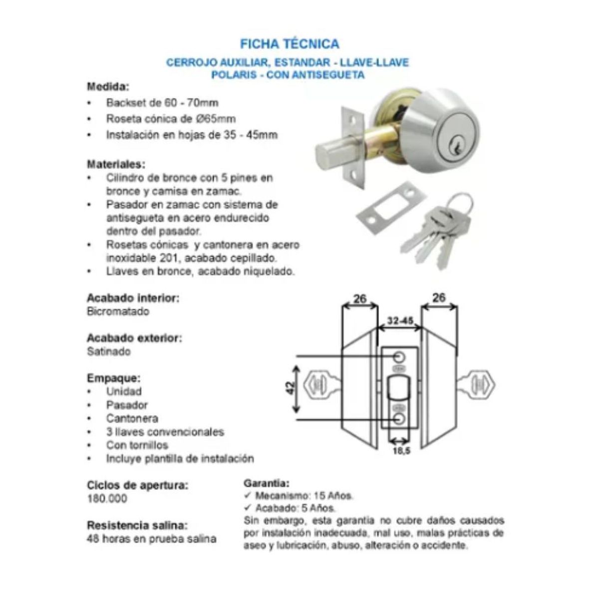 GENERICO - Cerradura Chapa Auxiliar Seguridad Llave-llave Antisegueta