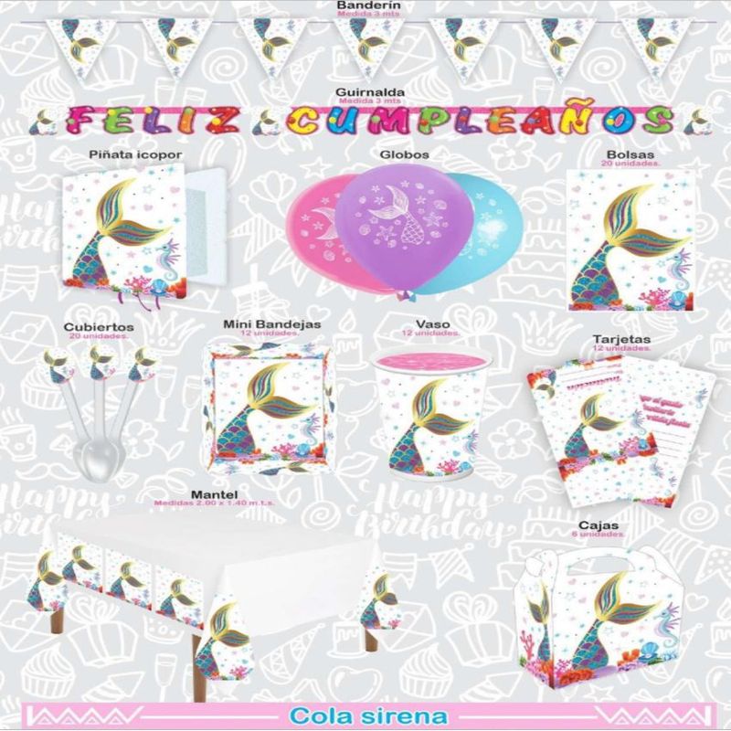 GENERICO - Kit piñata cola de sirena decoracion completa