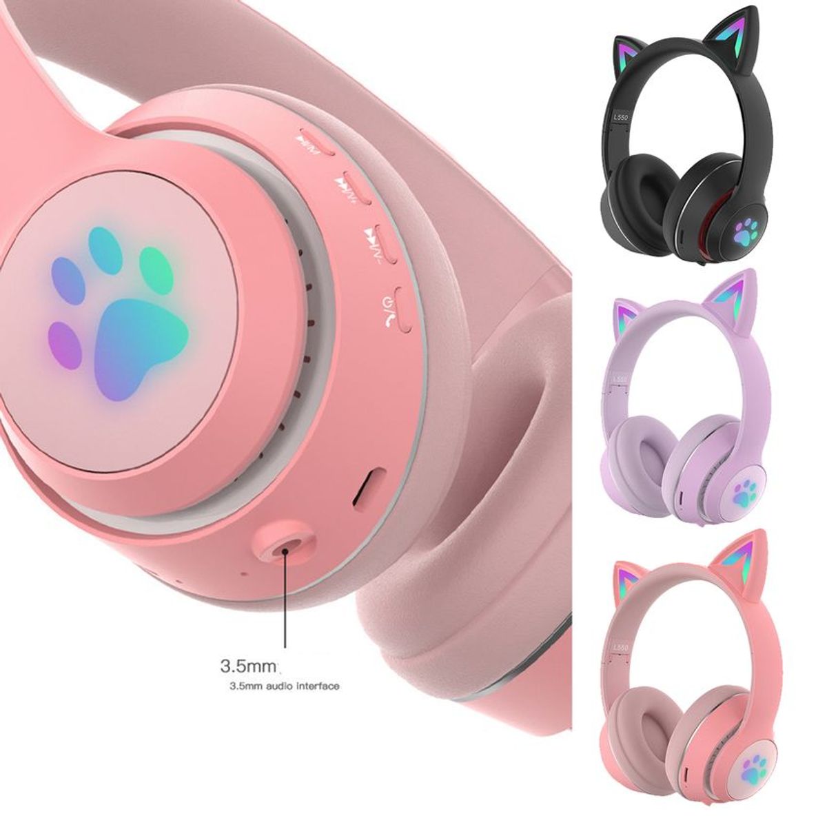 CAT MAGIC - Audifonos para niña con orejas de gato iluminadas bluetooth Negros