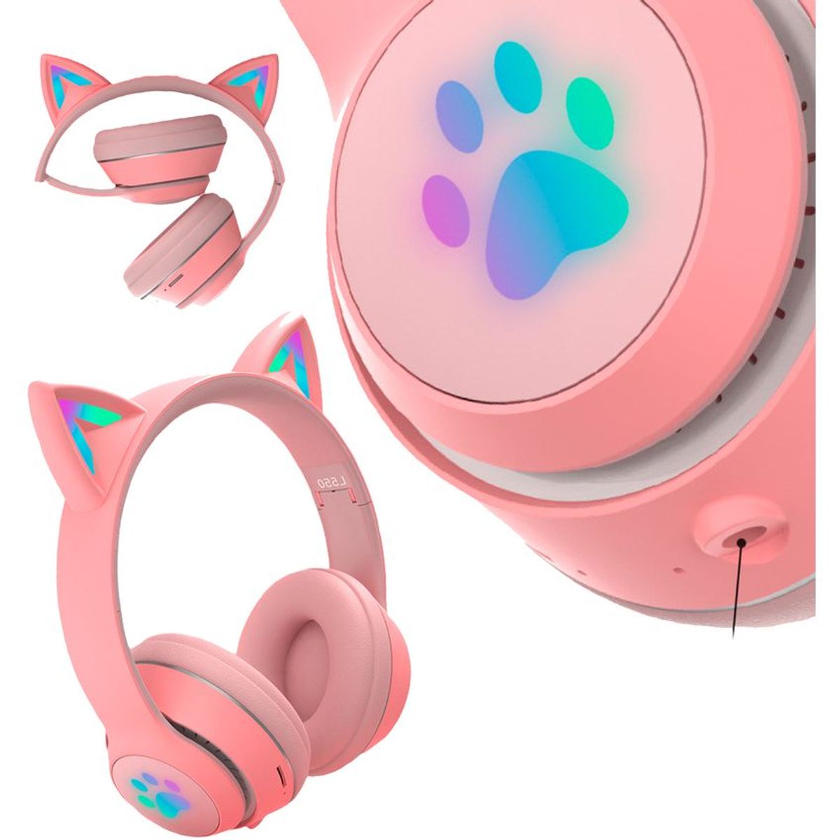 CAT MAGIC - Audifonos para niña con orejas de gato iluminadas bluetooth Rosados