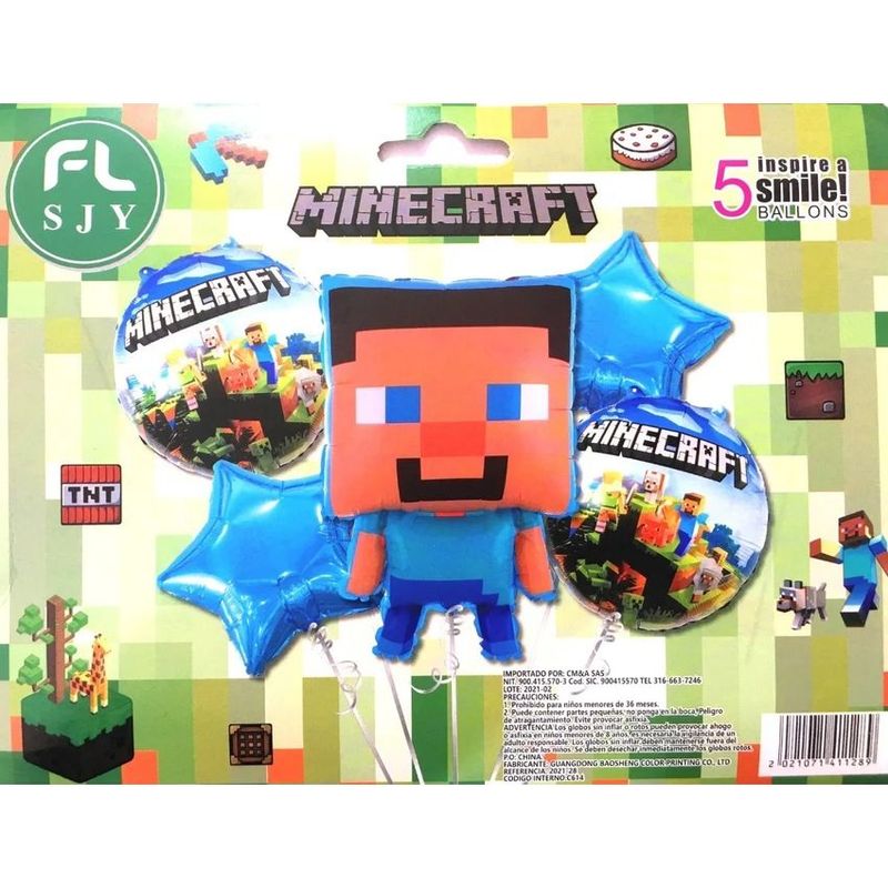 GENERAL - Bouquet globo minecraft pixel steve estrellas azul 5 piezas