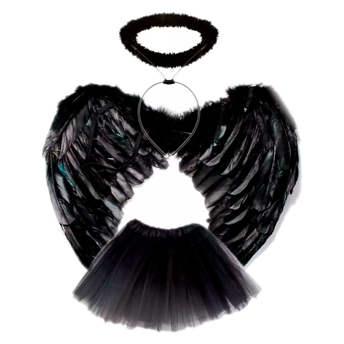GENERICO - Disfraz Angel Negro Alas  Tutú  Aureola Adulto Mujer