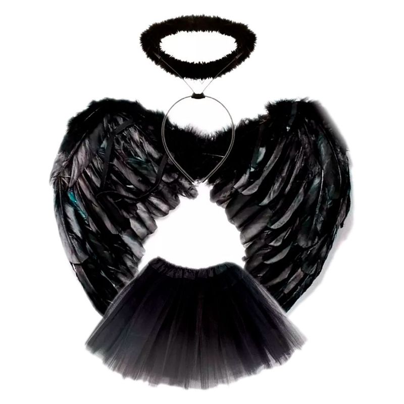 GENERICO - Disfraz Angel Negro Alas  Tutú  Aureola Adulto Mujer