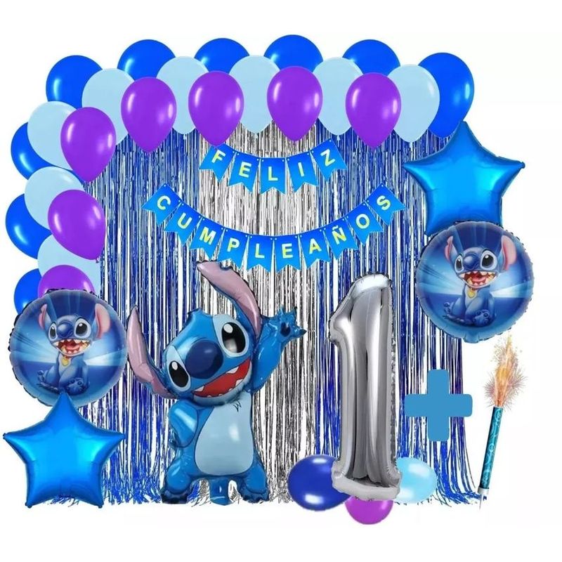 GENERICO - Kit decoracion lilo y stitch azul plateado cortina numero
