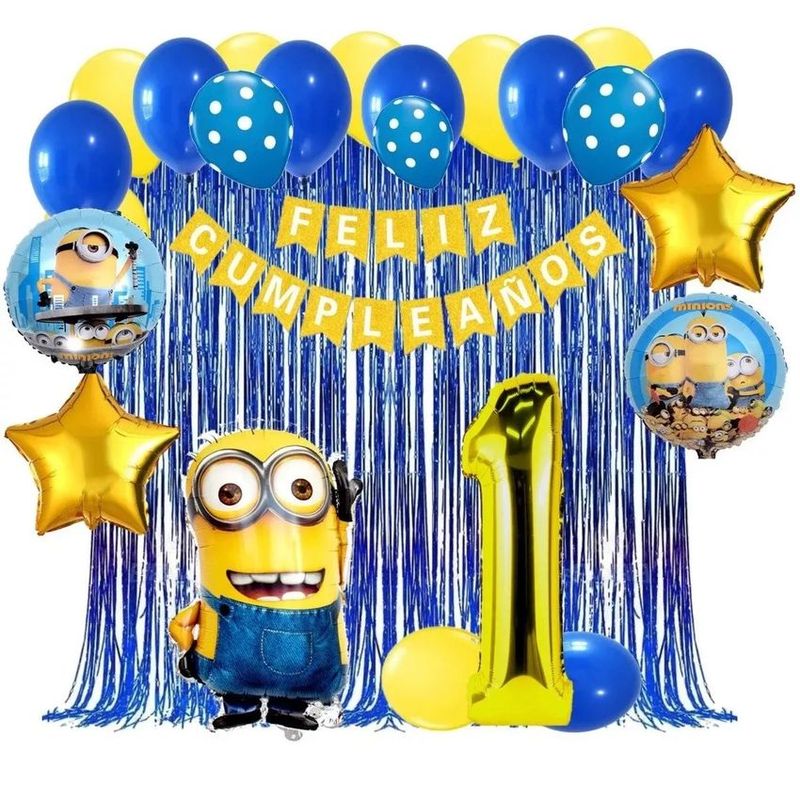GENERICO - Kit decoracion minion numero feston cumpleaños azul amarillo