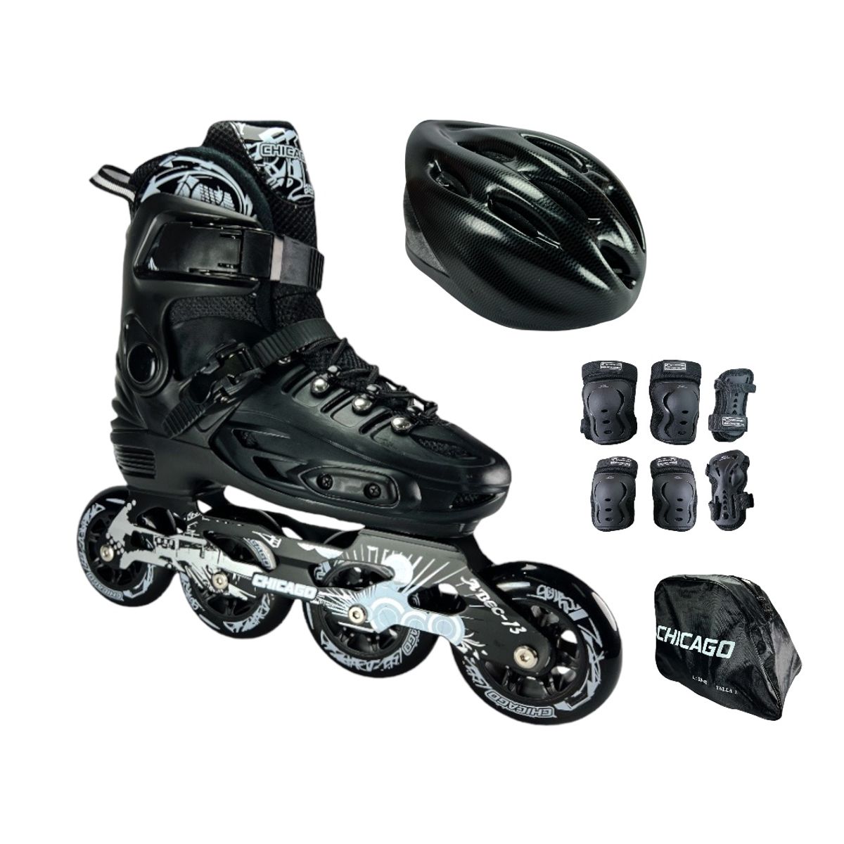 CHICAGO - Combo Patines En Linea Semiprofesionales Chicago Magic Con Proteccion M 34 Ajustables a 37 Negro