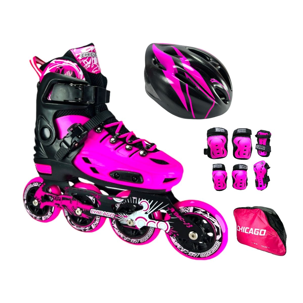 CHICAGO - Combo Patines En Linea Semiprofesionales Chicago Magic Con Proteccion M 34 Ajustables a 37 Fucsia